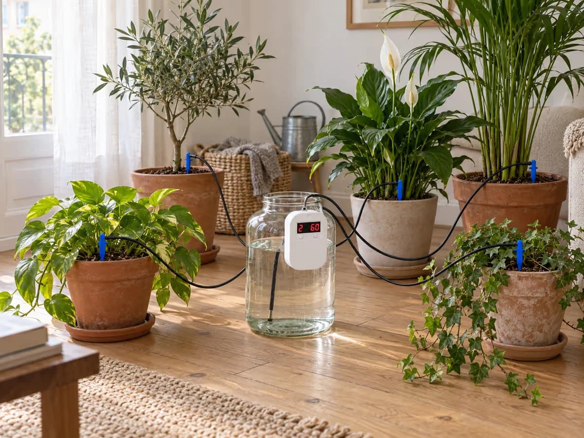 Plantes regroupées autour d'un grand récipient d'eau avec des tuyaux