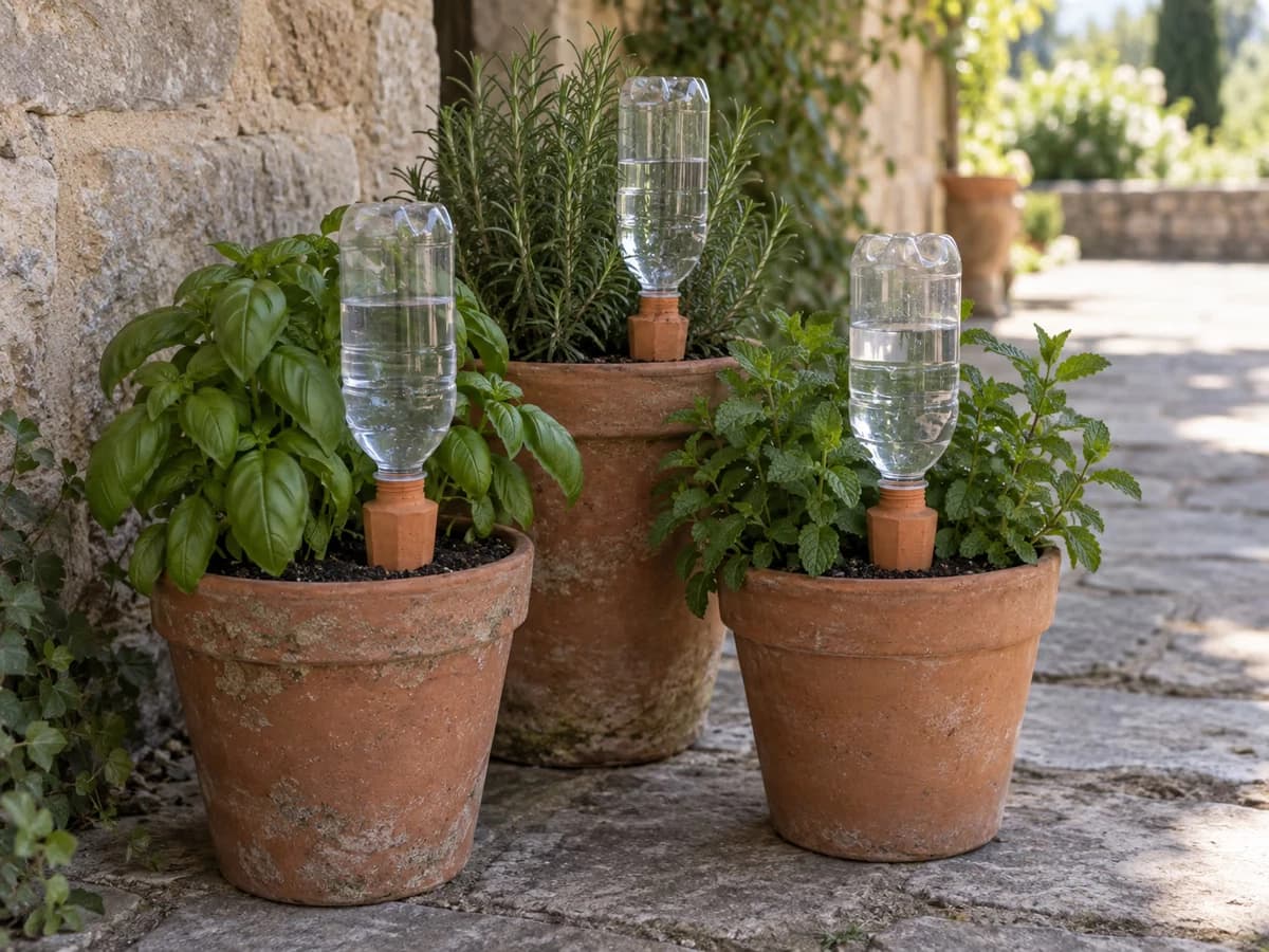 Trois pots de plantes aromatiques regroupés à l'ombre d'un mur, chacun équipé d'une réserve d'eau en terre cuite