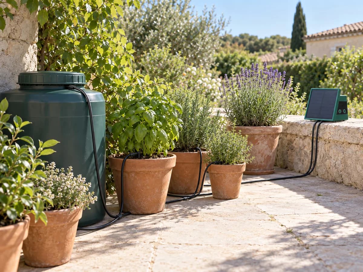 Bidon opaque couvert placé à l'ombre près de pots, panneau solaire orienté dans une zone lumineuse sans obstacle