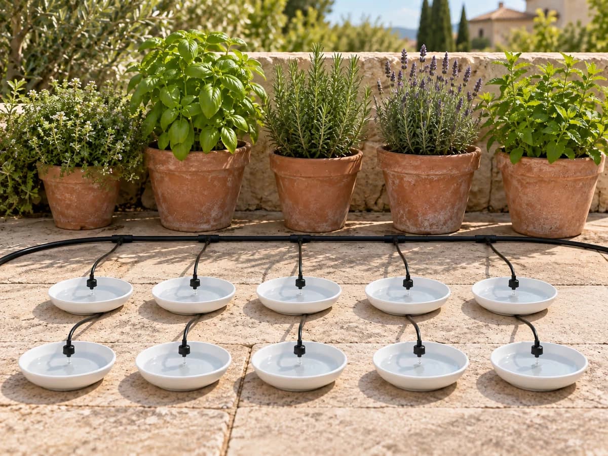 Dix goutteurs disposés dans des coupelles identiques devant des pots, tuyau déroulé sans coude serré