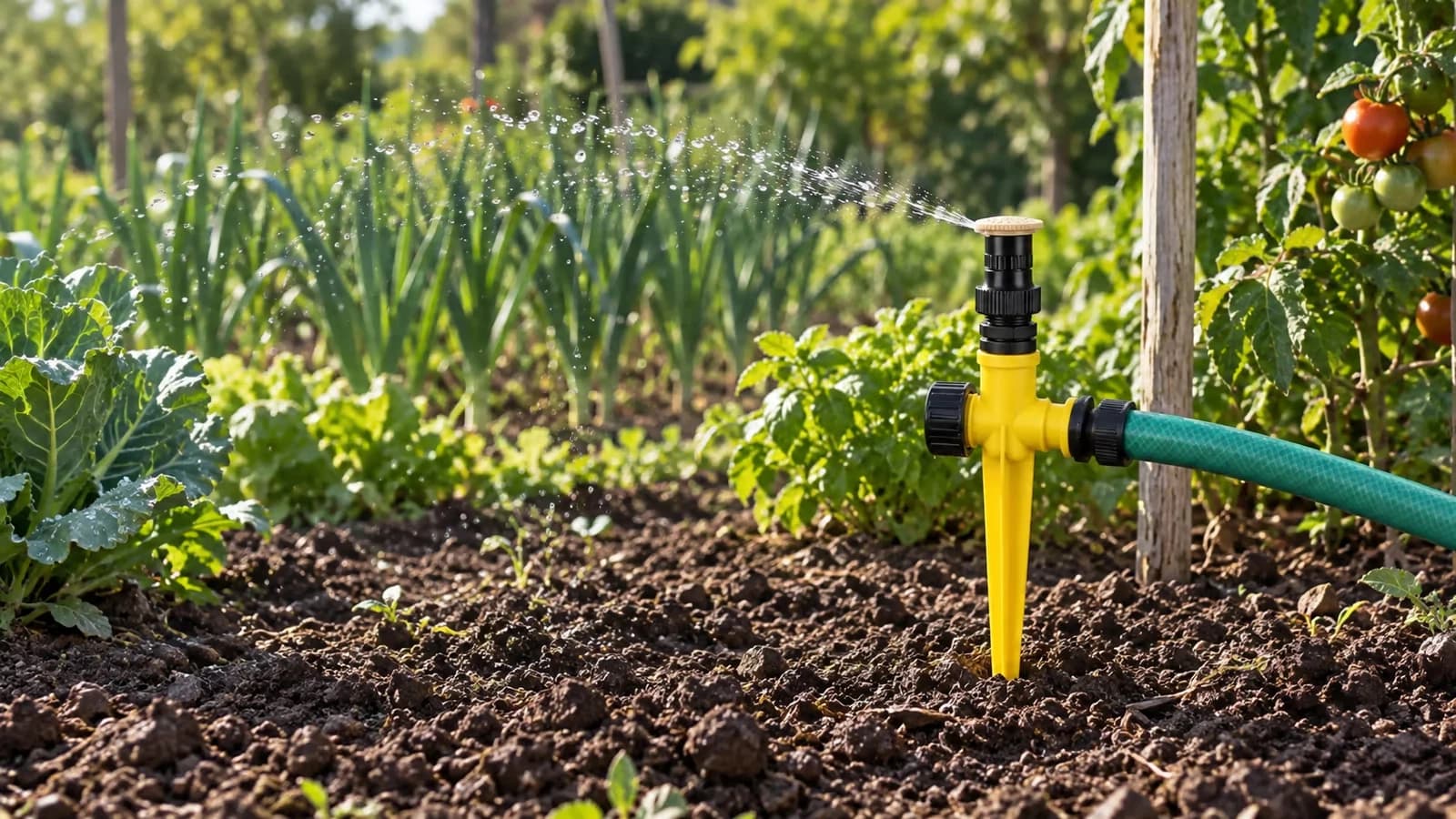 Arroseur rotatif sur piquet au milieu d'un carré de potager, tourelle immobile et jet d'eau figé