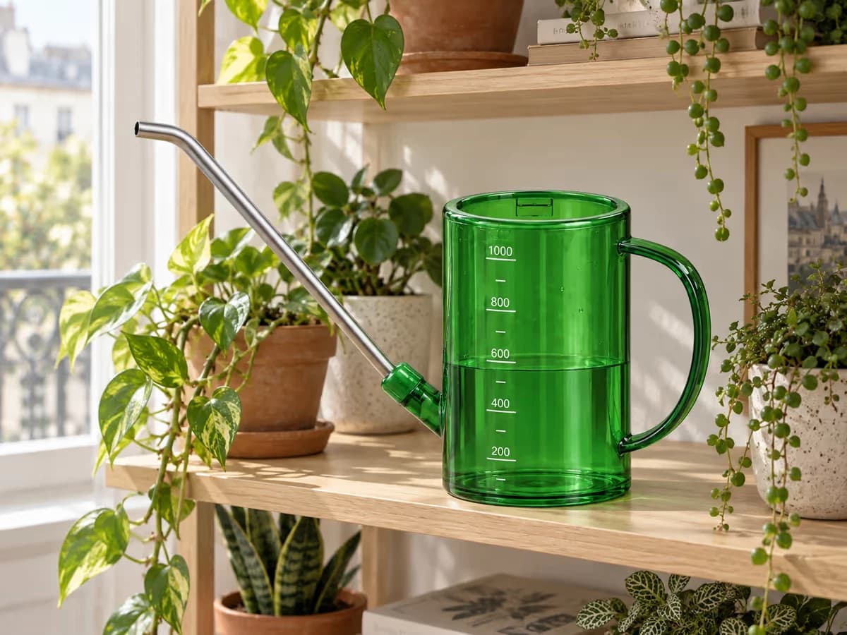 Arrosoir vert gradué posé sur une étagère claire devant quatre pots de plantes d'intérieur