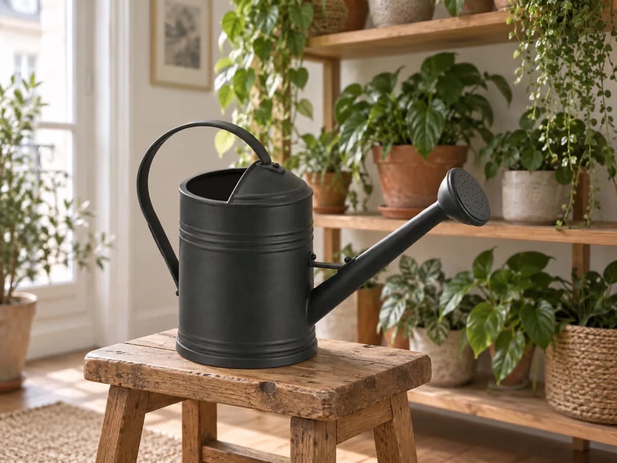 Arrosoir noir à long bec posé sur un petit tabouret en bois, devant une étagère garnie de plantes vertes