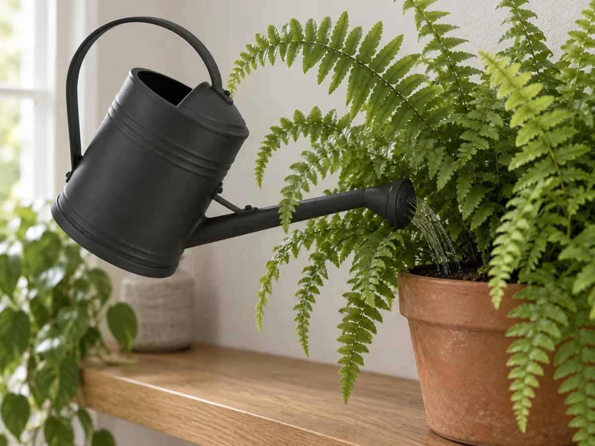 Arrosoir en plastique noir dont le long bec se glisse entre les feuilles d'une fougère en pot