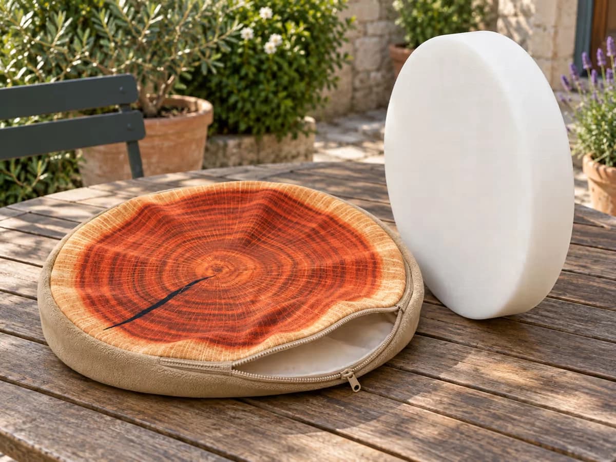 Housse du coussinet retirée, fermeture à glissière ouverte sur la tranche, mousse ronde posée à côté sur une table de jardin