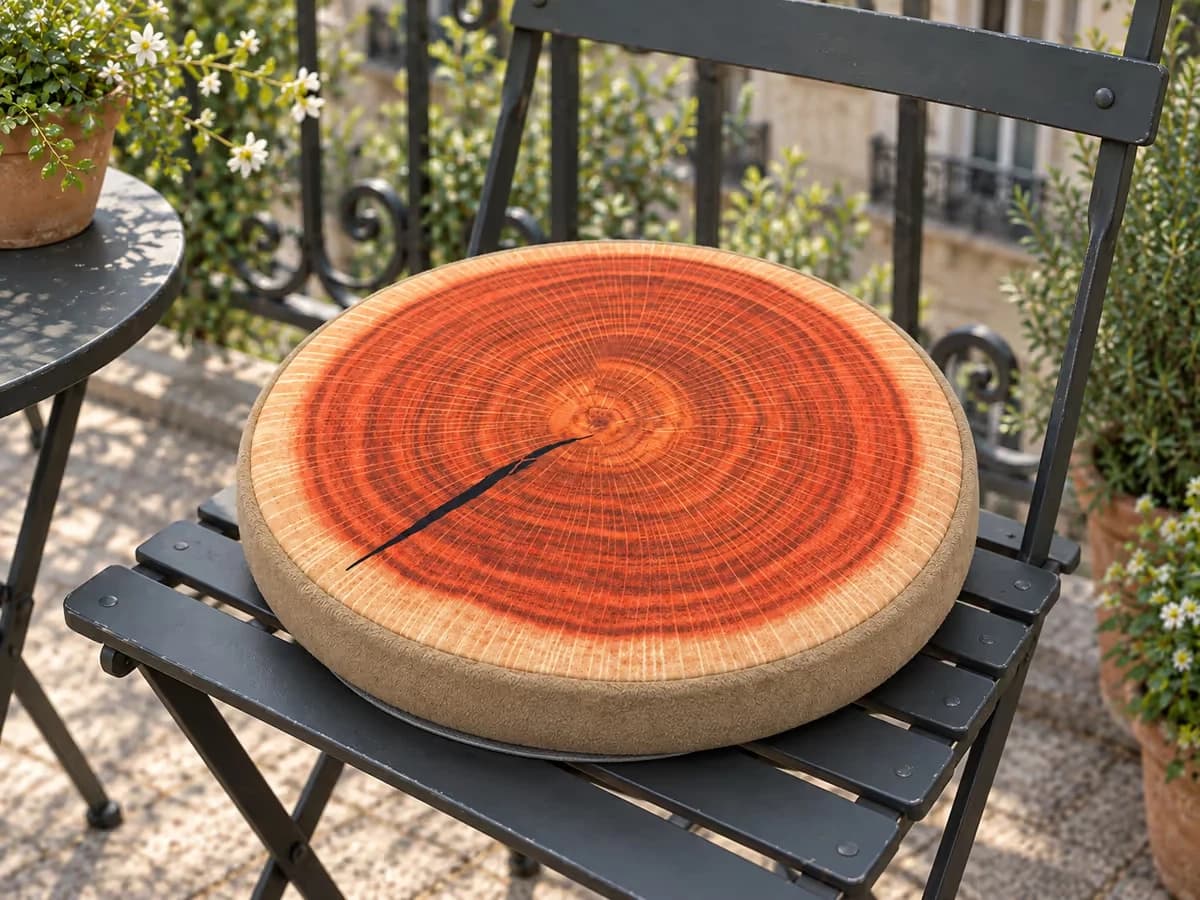 Disque de sous-couche antidérapante découpé en rond posé sur l'assise d'une chaise métallique, coussinet imprimé maintenu dessus