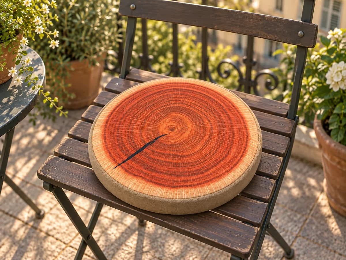 Coussinet rond imprimé tranche de bois centré sur l'assise d'une chaise de balcon en bois, écart identique tout autour, lumière de fin d'après-midi