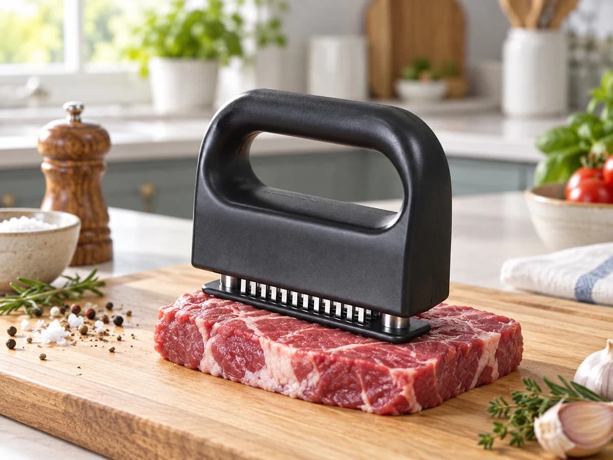 Attendrisseur à viande noir posé sur un morceau de bœuf persillé étalé sur une planche en bois, herbes fraîches et poivrière autour