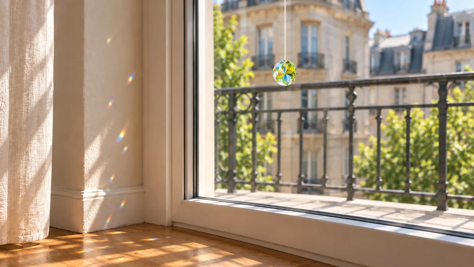 Disque de cristal taillé de 30 mm suspendu par un fil devant le carreau d'une porte de balcon, garde-corps métallique visible au-dehors