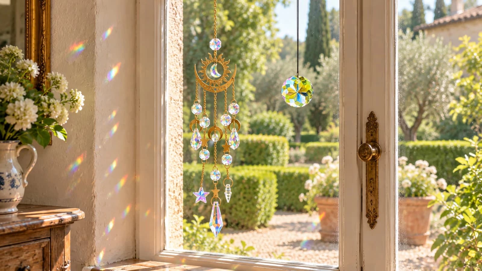 Suspension dorée étoile et lune et disque de cristal taillé suspendus côte à côte devant un carreau ensoleillé