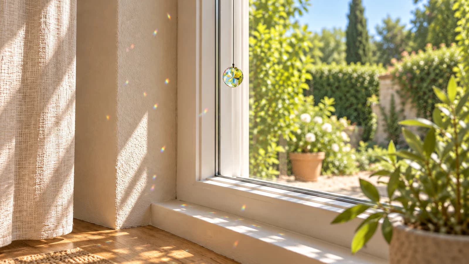 Disque de cristal taillé de facettes suspendu devant une fenêtre, taches colorées dispersées sur le mur du fond