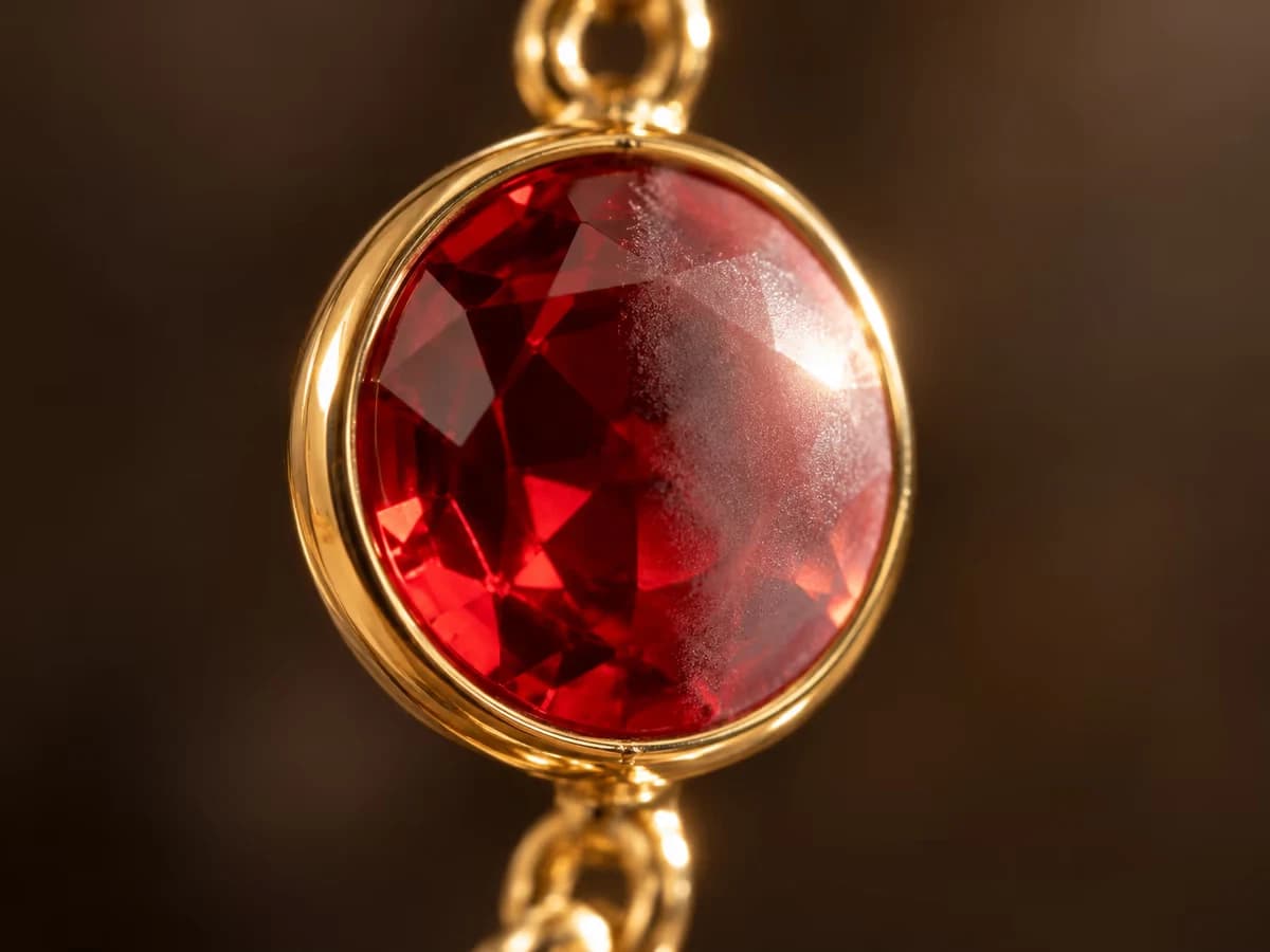 Pierre ronde de verre coloré éclairée de biais, moitié de la surface voilée, entourage doré au premier plan