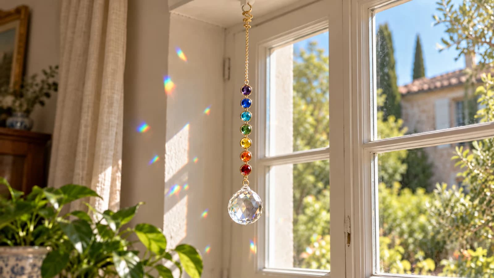Suspension à sept pierres colorées et boule facettée, chaîne resserrée en spirale sur un crochet ouvert devant la vitre