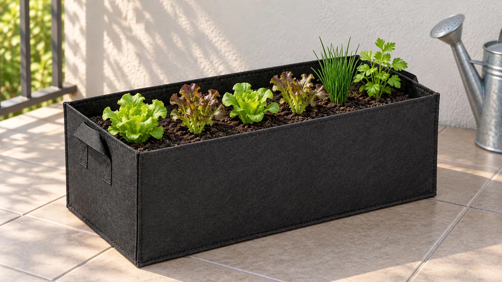 Bac de culture rectangulaire en tissu noir garni de terreau sur un balcon carrelé, quatre jeunes salades régulièrement espacées