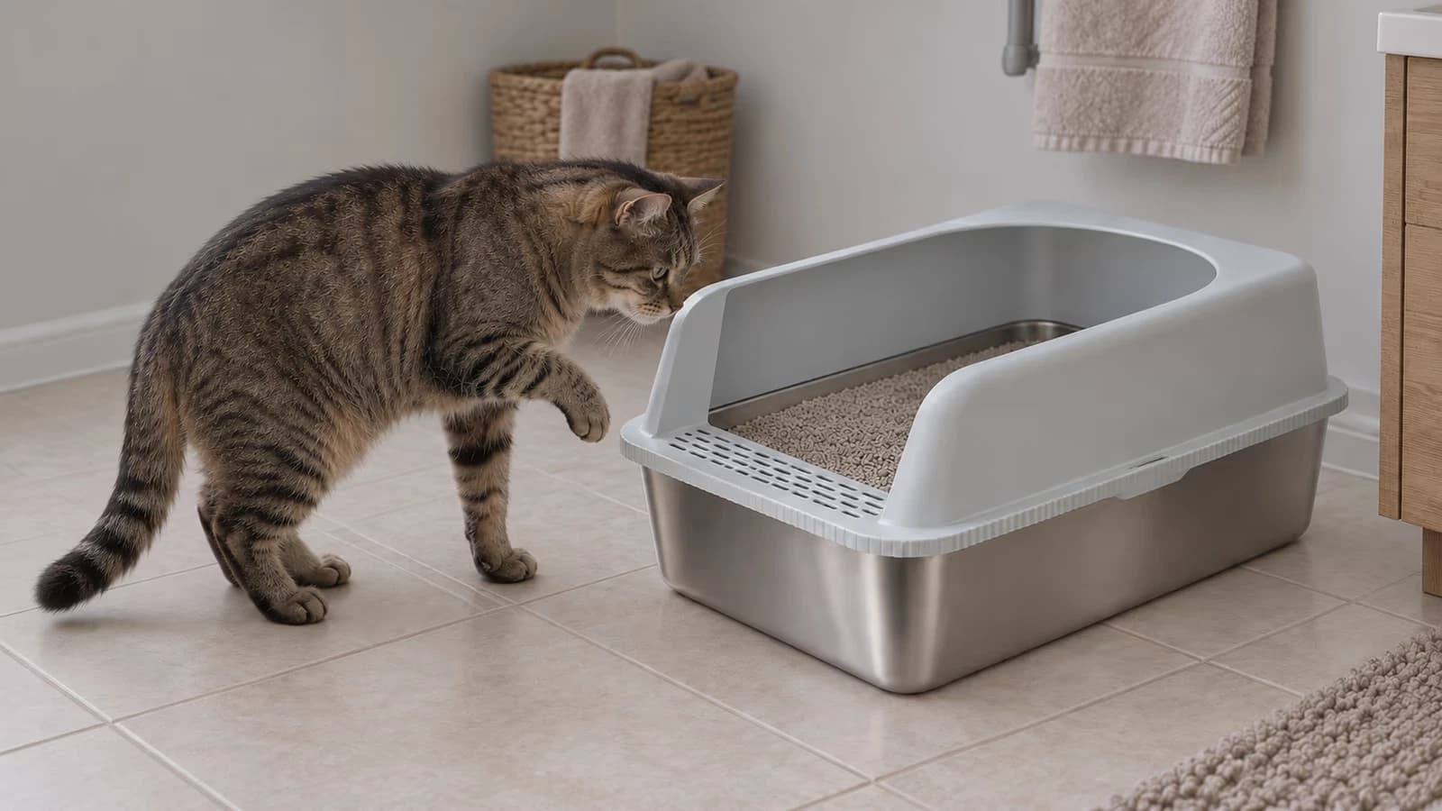 Chat âgé au poil grisonnant hésitant devant l'entrée haute d'un bac de propreté à parois hautes, lumière grise de fin d'après-midi