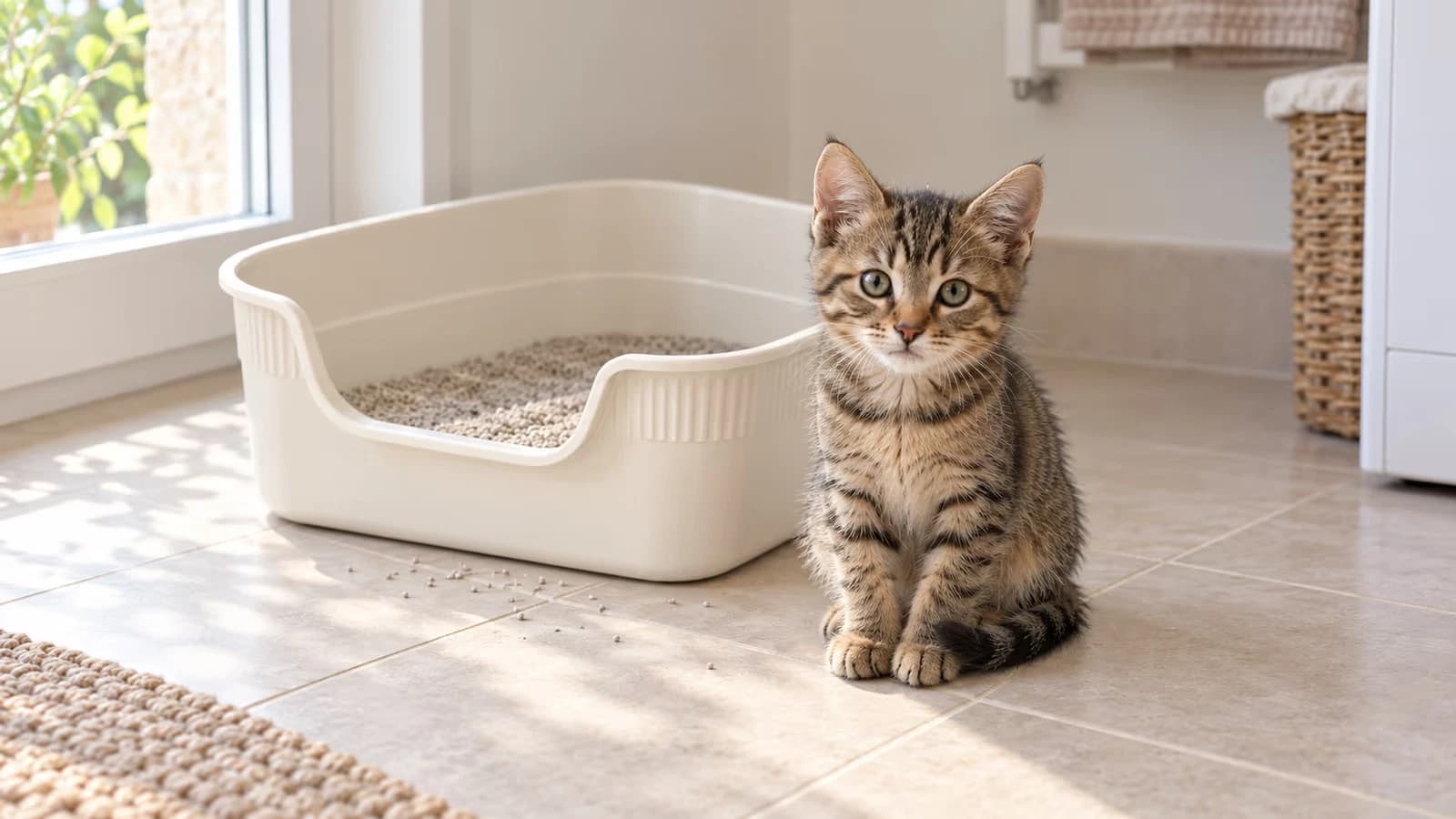 Chaton tigré de face devant un bac de propreté semi-fermé à entrée basse, granulés clairs, lumière douce de fin de matinée
