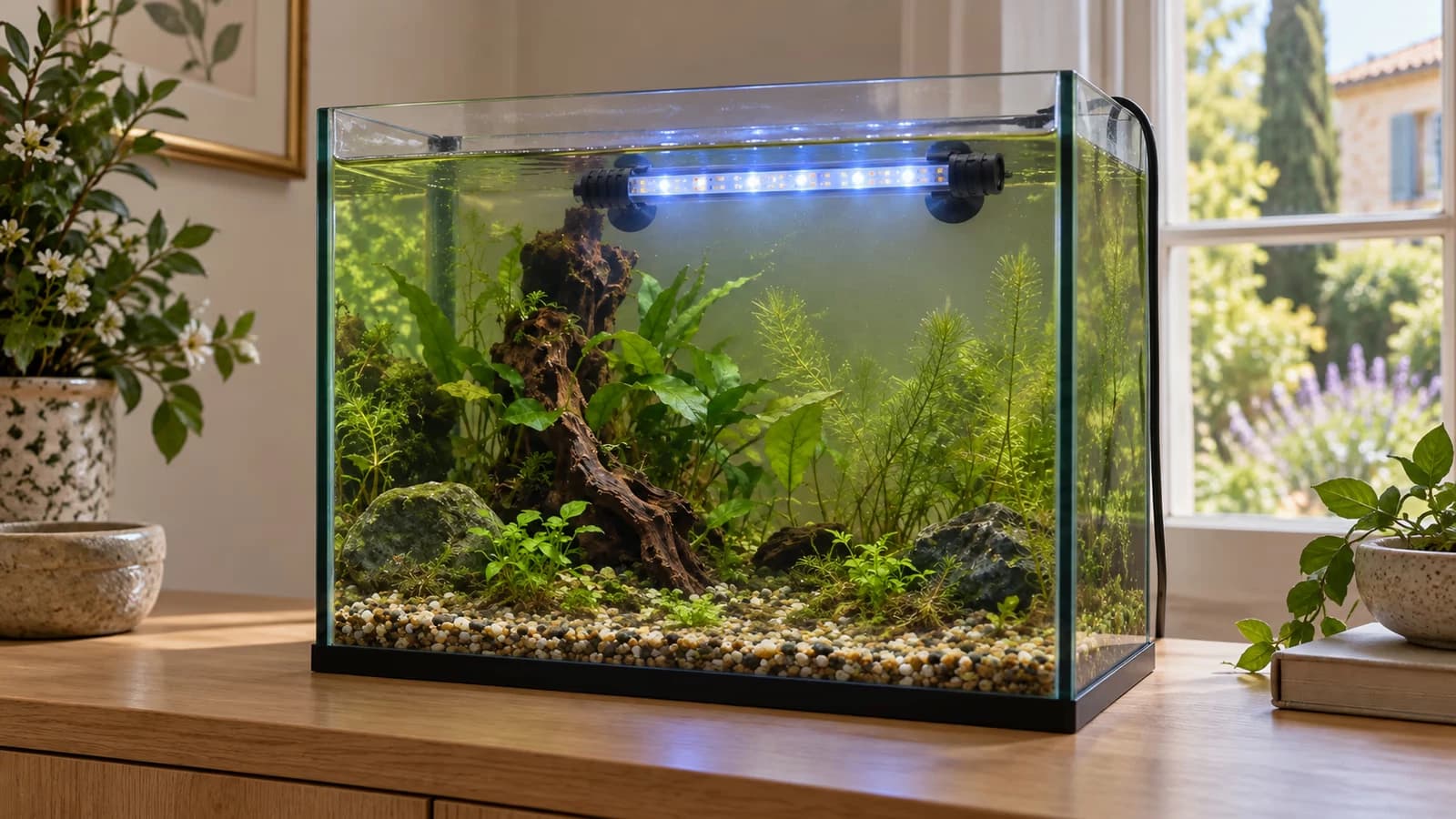 Un petit aquarium d'eau douce avec une eau légèrement verte et une barre LED bleu-blanc fixée par ventouses sur la vitre arrière