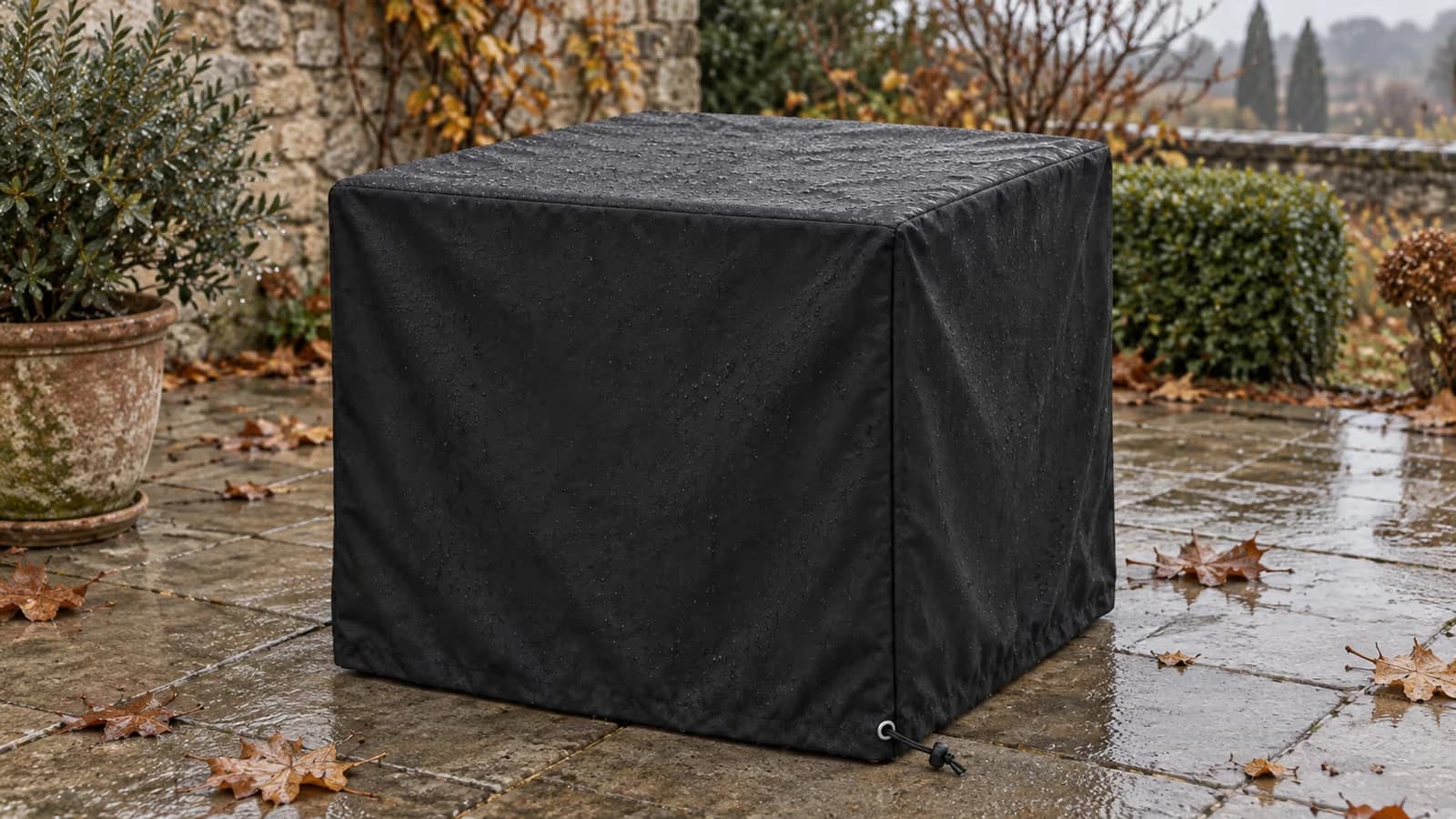 Table de jardin carrée en bois recouverte d'une housse de protection noire descendue jusqu'aux dalles, feuilles mortes au sol par un jour de pluie d'automne