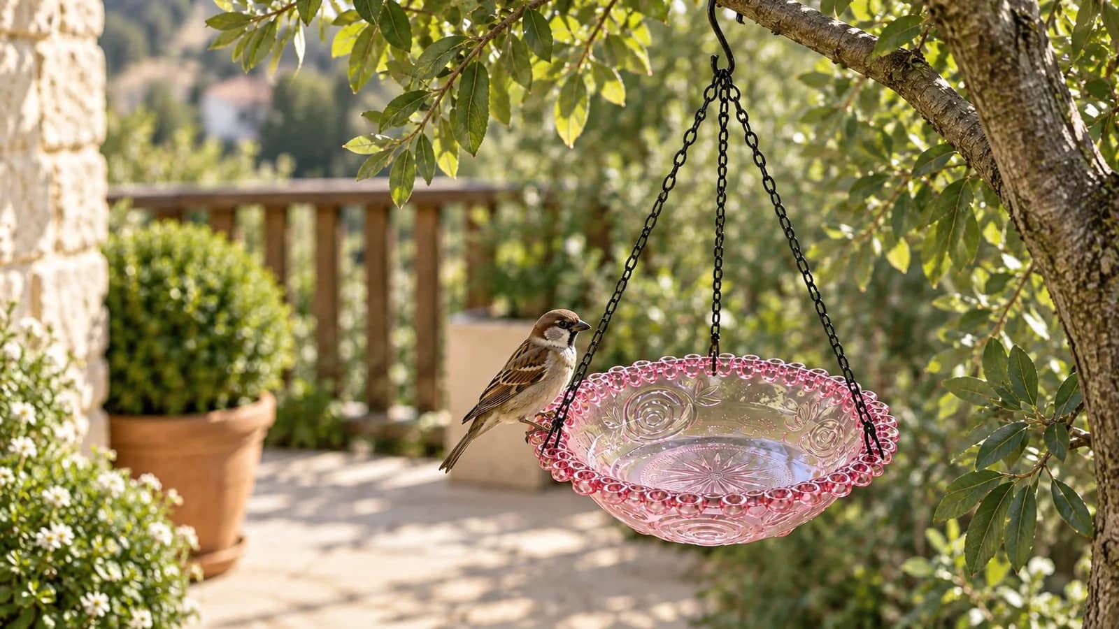 Coupelle translucide suspendue à une branche basse au bord d'une terrasse, quelques centimètres d'eau au fond et un moineau posé sur le bord festonné
