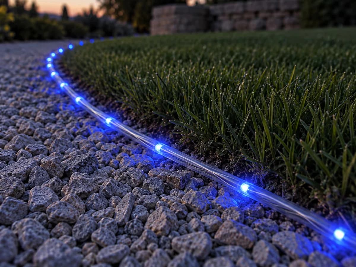 Gros plan sur une corde lumineuse bleue posée au ras des graviers le long d'une bordure de pelouse