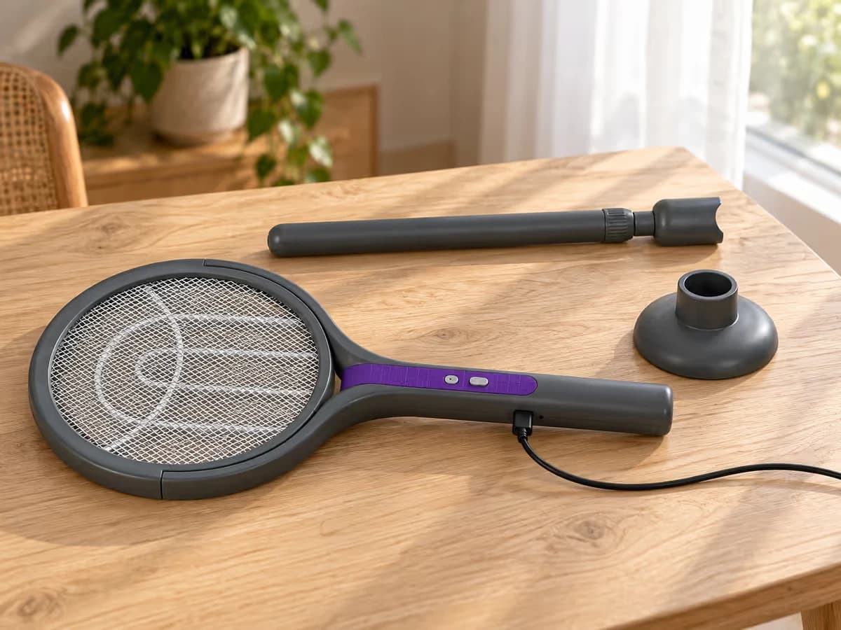 Câble USB-C branché sur la poignée d'une raquette anti moustique posée à plat sur une table en bois, près d'une fenêtre