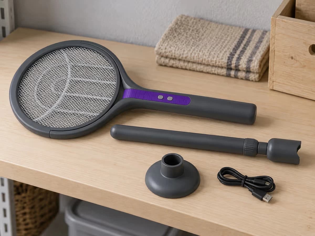 Raquette anti moustique, rallonge télescopique, base ronde et câble de charge rangés ensemble sur une étagère de pièce sèche