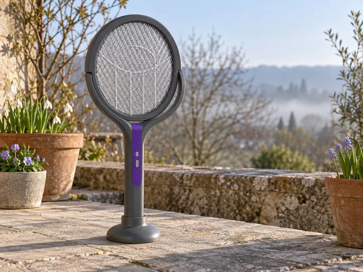 Raquette anti moustique debout sur sa base ronde au bord d'une terrasse, pots de plantes et lumière de matin de mars