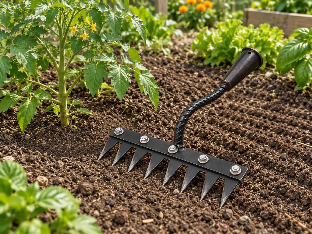 Griffe sarcloir arrêtée à quelques centimètres du pied d'un plant de légume, terre griffée d'un côté et terre intacte autour de la tige