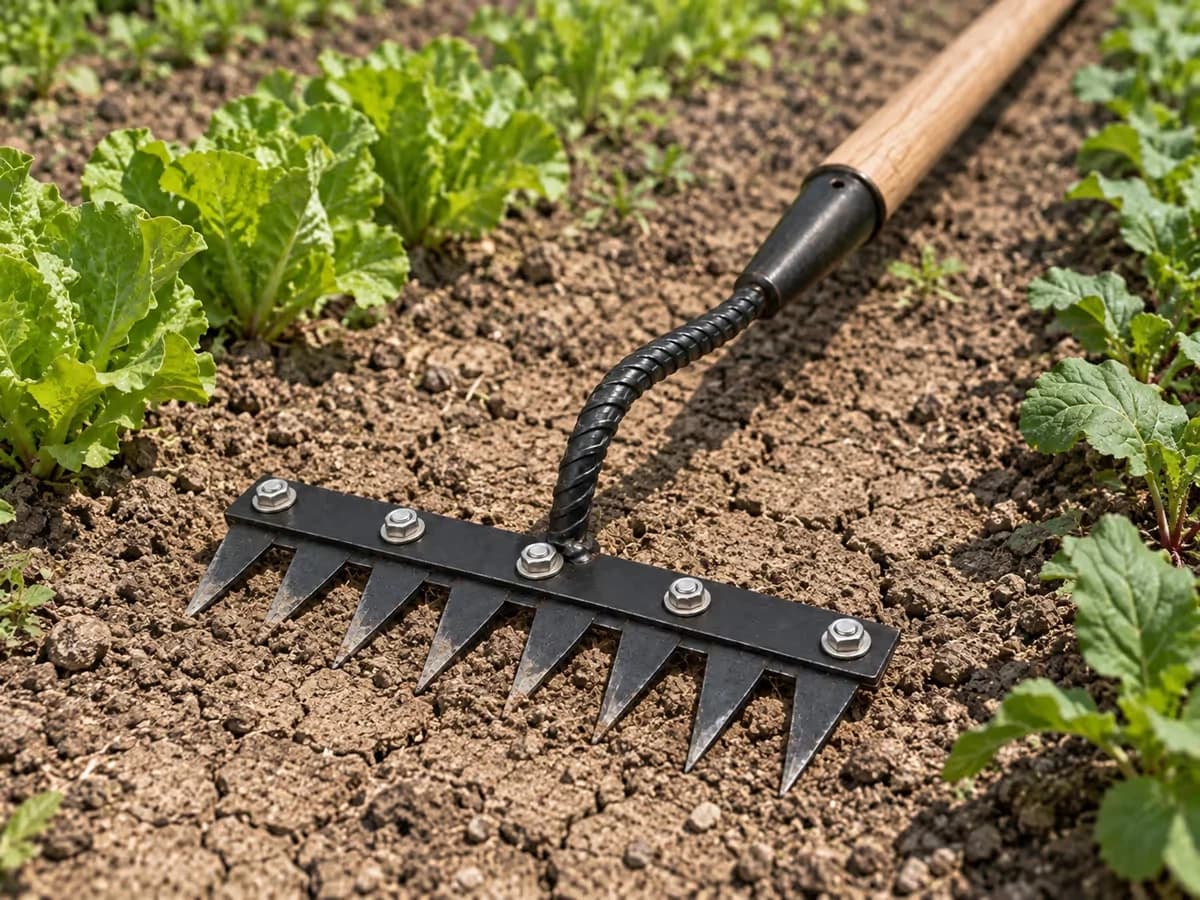 Griffe sarcloir posée à plat sur une croûte de terre sèche et fissurée entre deux rangs de jeunes légumes, dents affleurant la surface