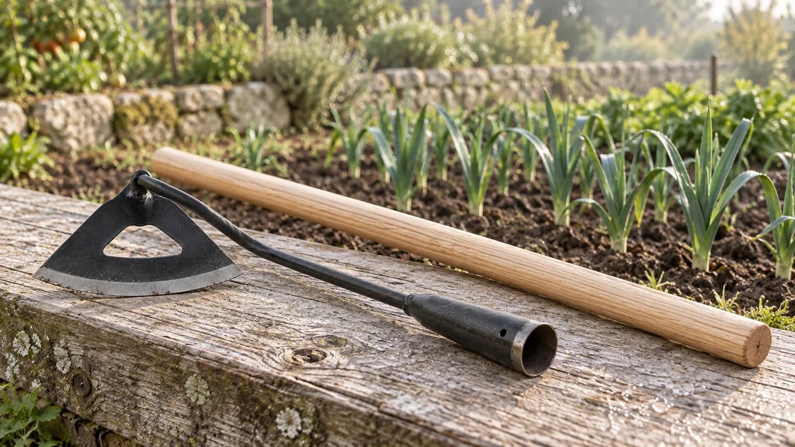 Tête de binette à lame triangulaire noire posée sur une planche de potager, sa douille conique vide à côté d'un manche en bois