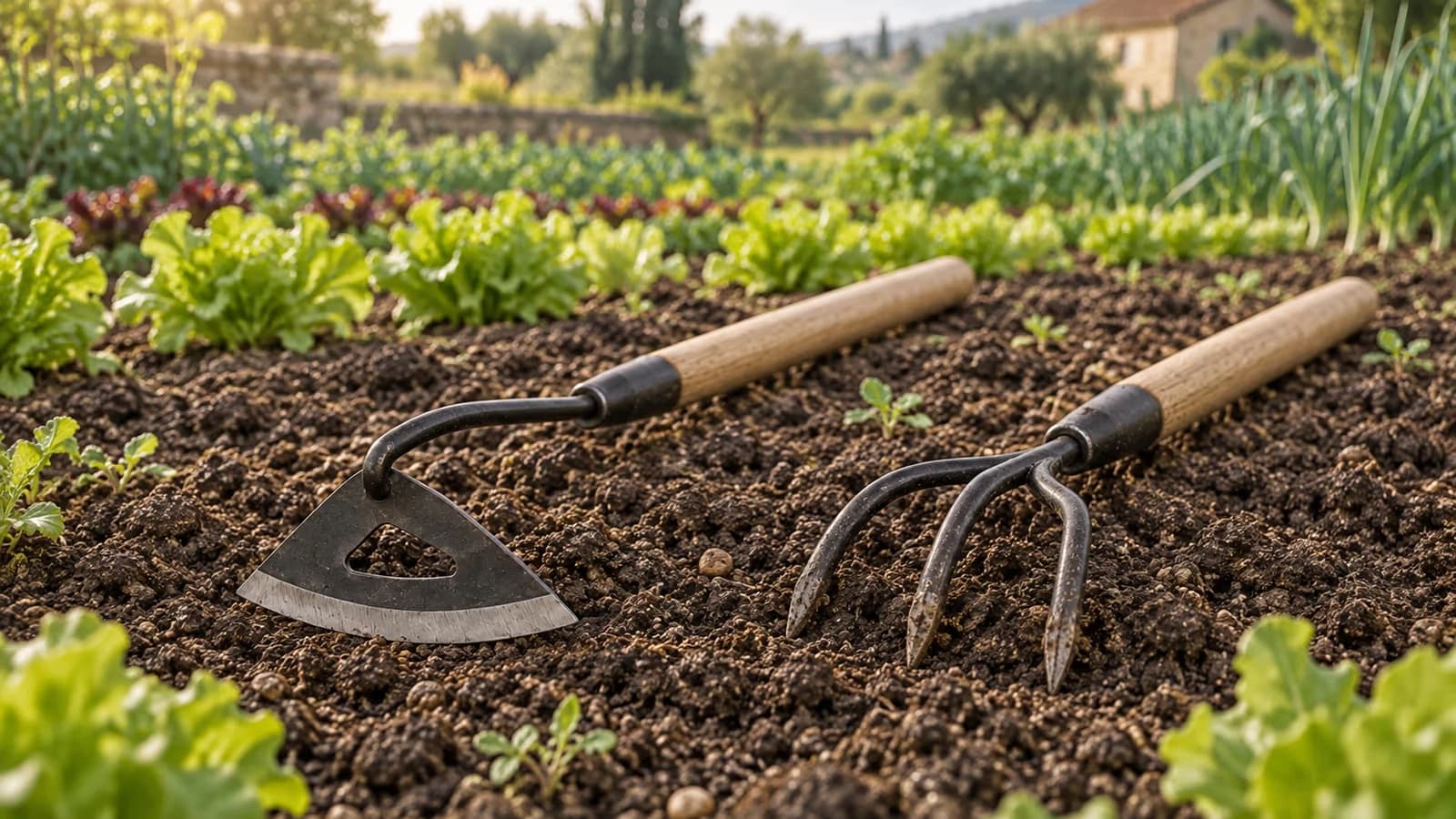 Tête de binette triangulaire et griffe sarcloir à dents posées côte à côte sur un rang de potager