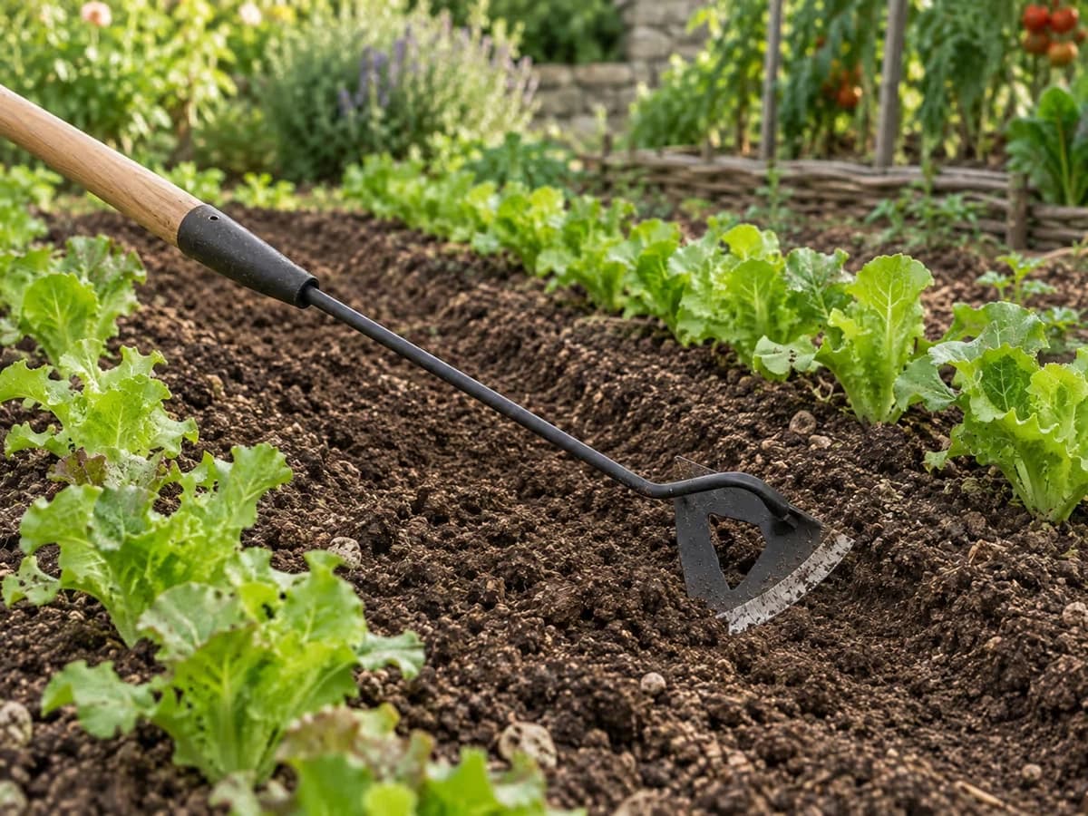 Lame de binette tirée à plat dans la terre ameublie entre deux rangs de légumes jeunes