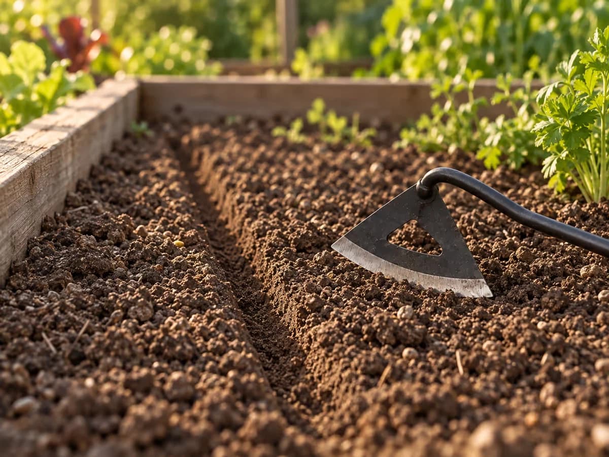 Sillon régulier tracé dans une terre fine de semis, au bord d'un panneau de potager