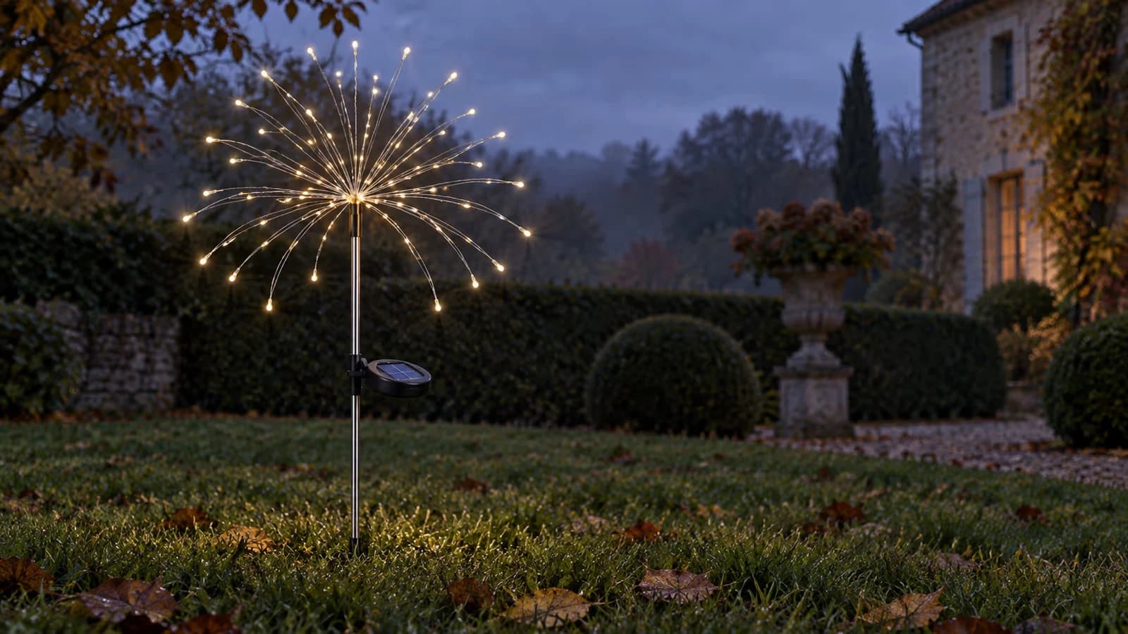 Bouquet solaire à brins fins allumé au crépuscule dans une pelouse, sous un ciel couvert d'automne