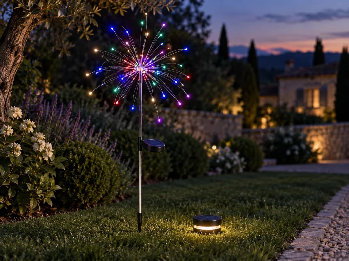Vue de profil d'un bouquet solaire à brins multicolores planté à côté d'une borne lumineuse ronde, au bord d'une pelouse, au crépuscule