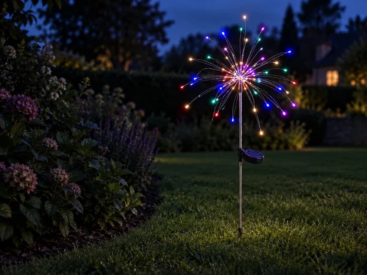 Bouquet solaire planté dans la pelouse à un mètre d'un massif de fleurs, brins lumineux allumés, massif laissé dans l'ombre
