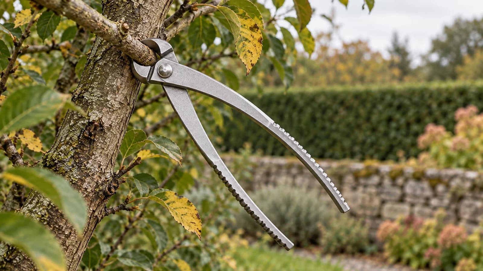 Sécateur tranchant une branche sèche de pommier