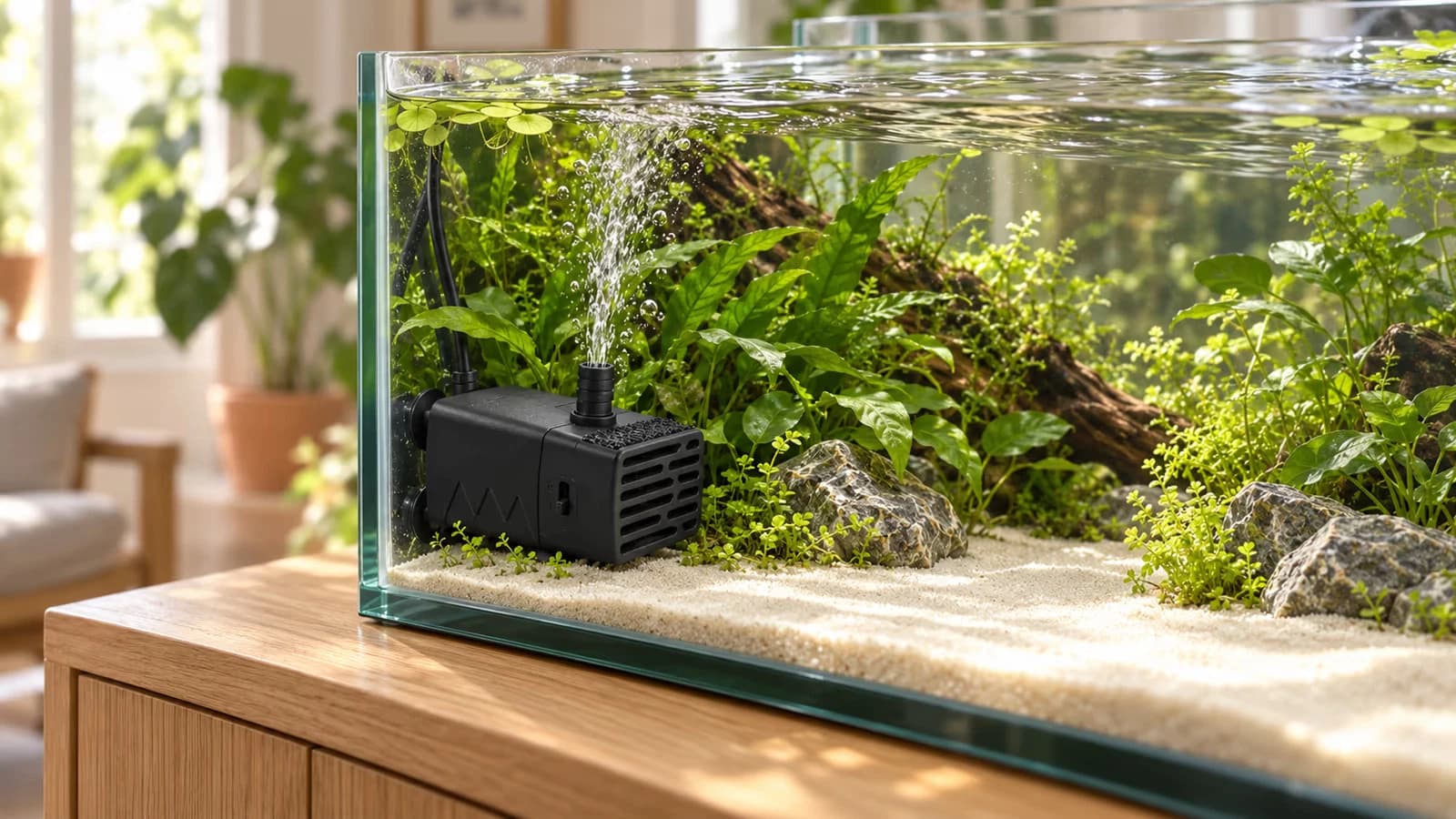 Surface d'un aquarium planté ondulant sous l'effet d'un brassage réglé, sable fin intact au premier plan