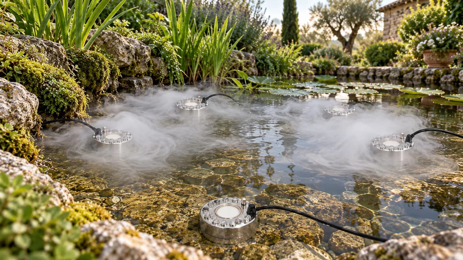 Nappe de brume trouée sur un bassin de jardin : quatre têtes fument, un espace d'eau calme reste vide au premier plan