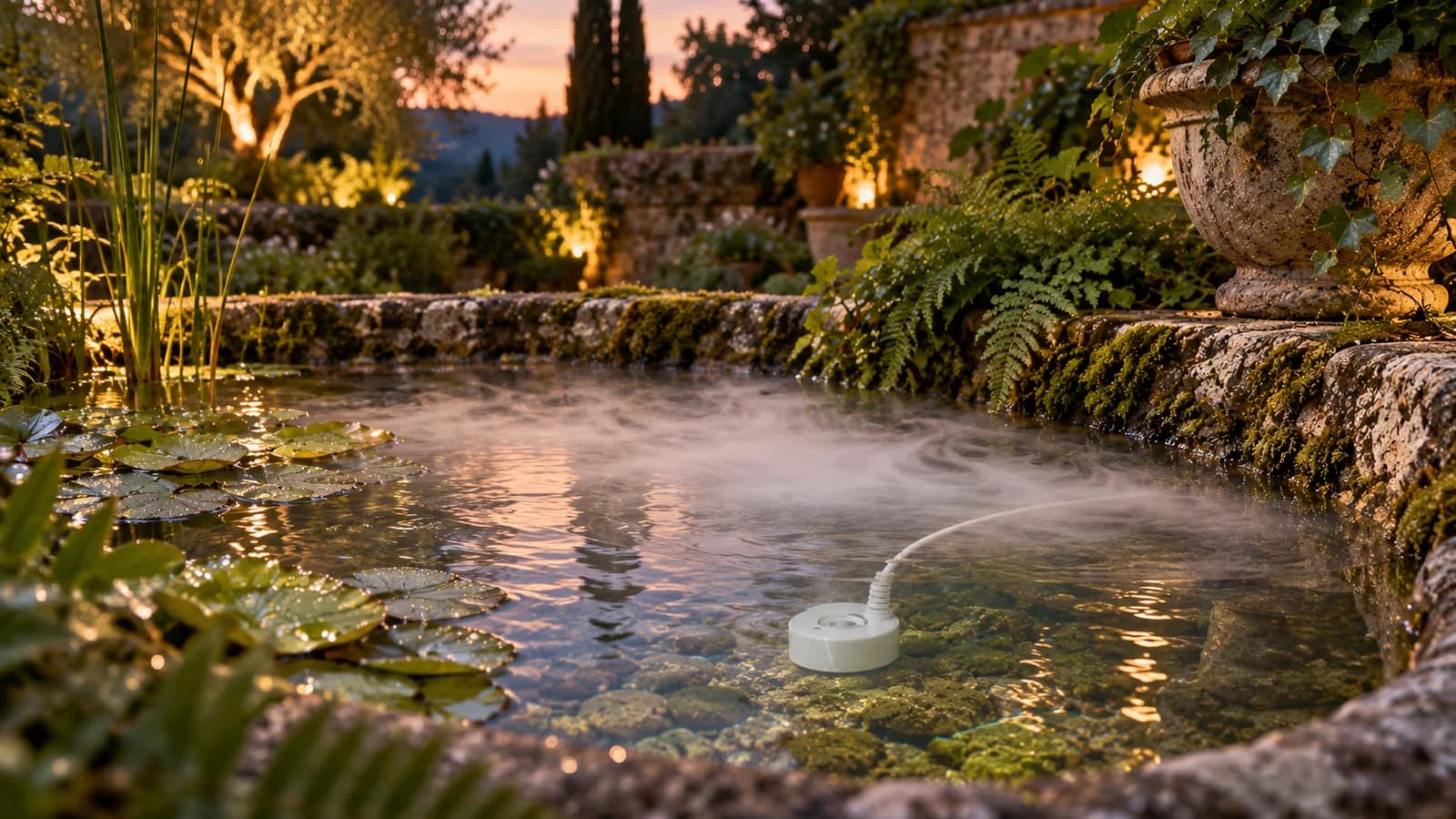 Voile de brume blanche posé sur l'eau calme d'une fontaine de rocaille au crépuscule, entourée de fougères