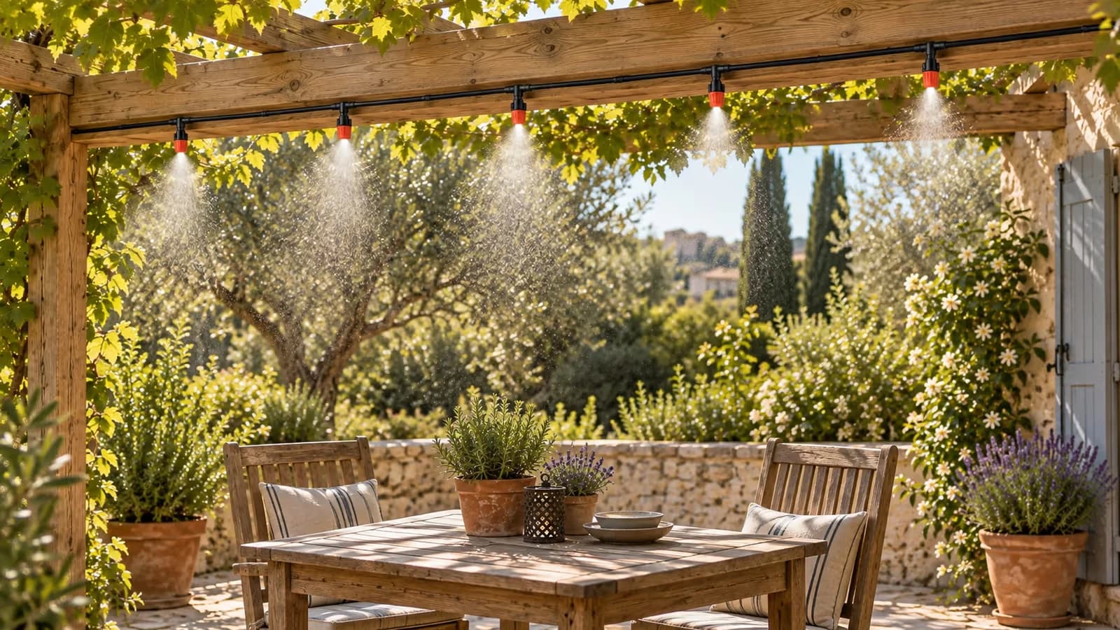 Ligne de brumisation courte installée sous une pergola au-dessus d'un coin repas de petite terrasse ensoleillée