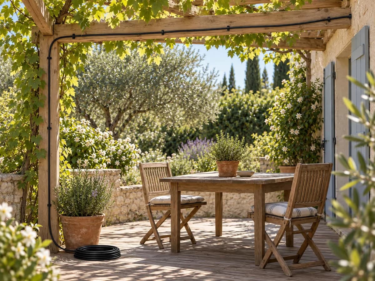 Tuyau noir présenté à sec le long d'une pergola de petite terrasse, sans encore poser les buses ni les raccords