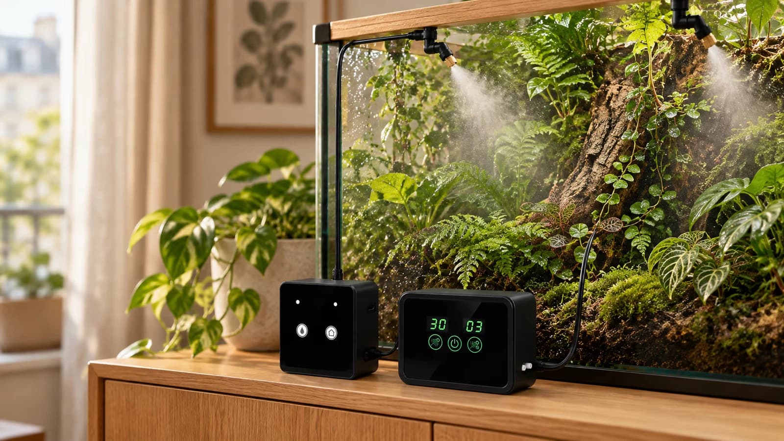 Deux boîtiers de brumisation noirs posés sur le rebord d'un terrarium vitré planté de fougères, fin tuyau noir partant vers le haut du bac