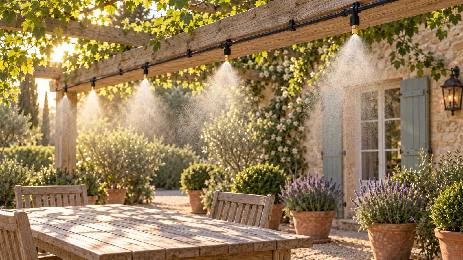 Ligne de brumisation fixée en haut d'une pergola en bois, fine brume suspendue au-dessus d'une table de terrasse vide, fin d'après-midi