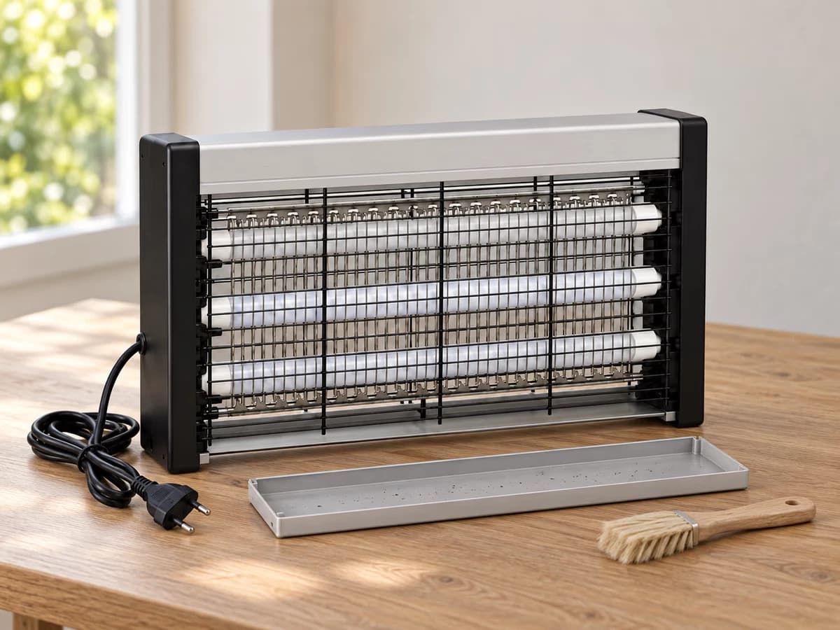 Bac inférieur amovible sorti sous une lampe anti-moustique débranchée posée sur une table de cuisine d'été, brosse sèche posée à côté