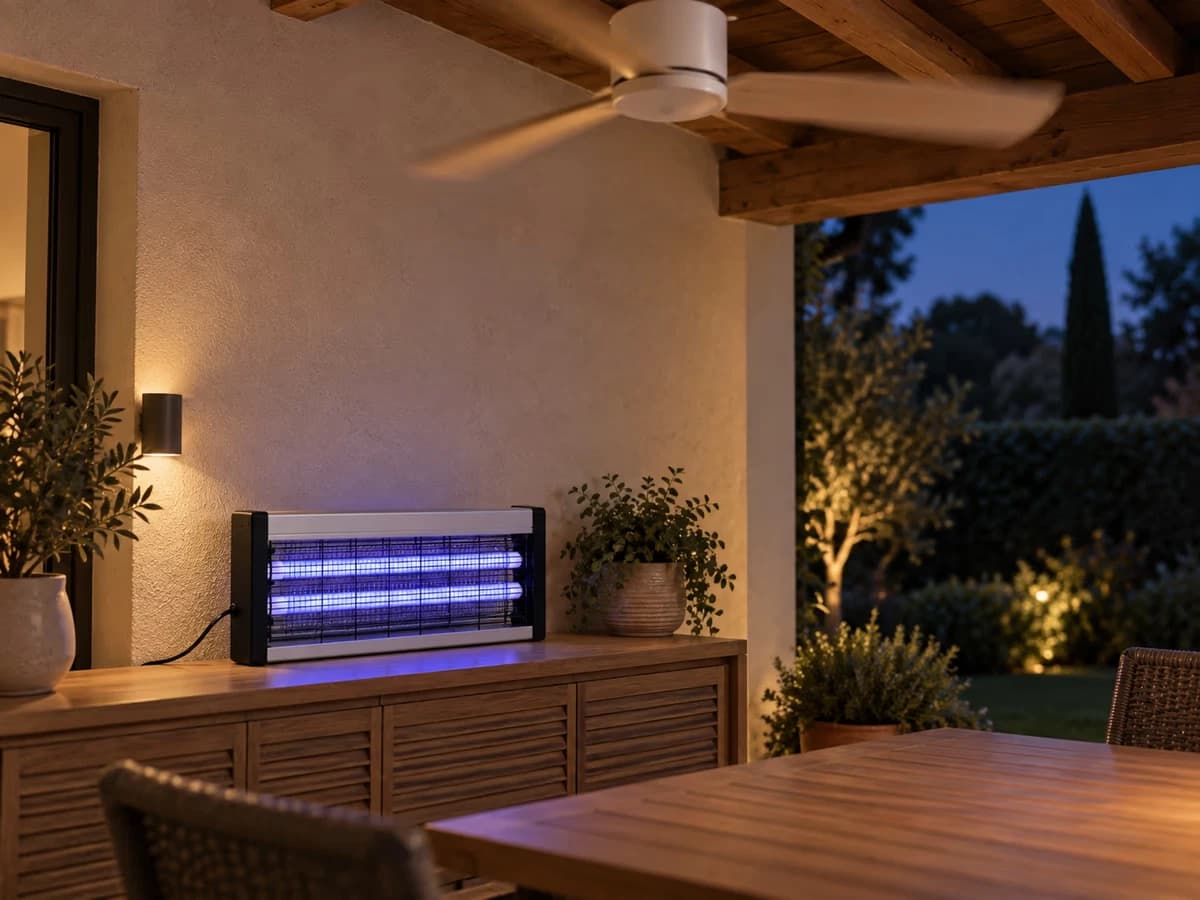 Ventilateur de plafond en rotation au-dessus d'une table de terrasse couverte, lampe anti-moustique posée sur un meuble contre le mur, fin de soirée