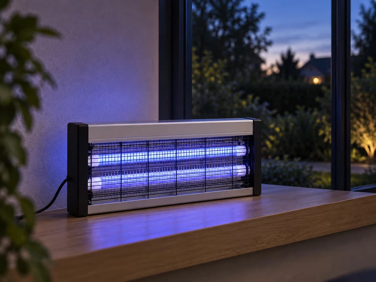 Lampe anti-moustique UV allumée sur un rebord de véranda, ses deux tubes visibles derrière la façade grillagée, jardin flou derrière les vitres