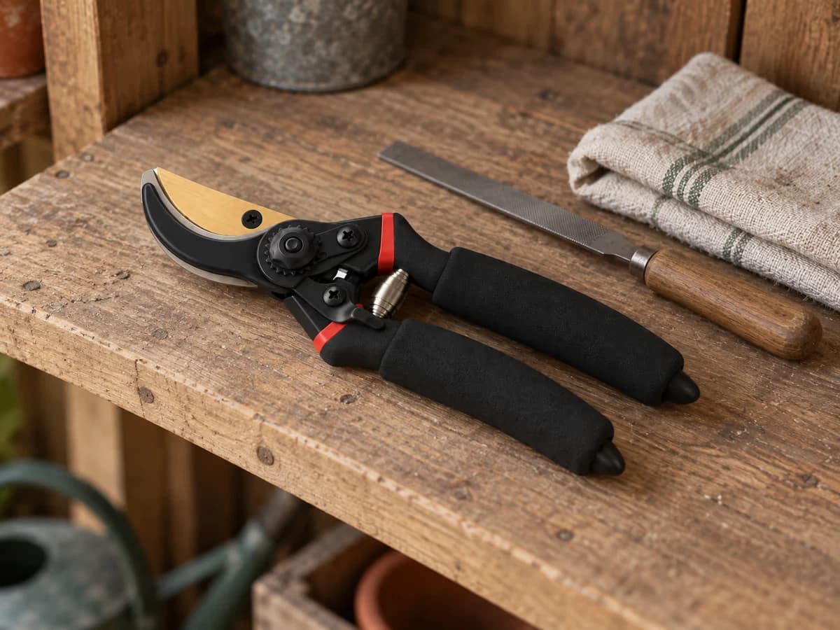 Sécateur fermé et verrouillé posé sur une étagère d'abri de jardin, lime et chiffon plié à côté