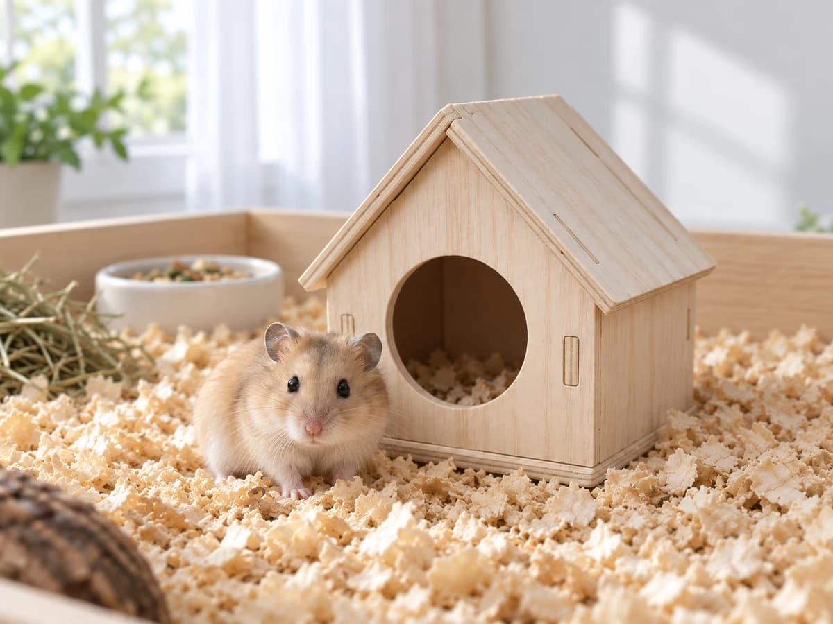 Maison en bois massif à toit en appentis et entrée ronde colorée, posée sur la litière de copeaux de la cage d'un lapin nain