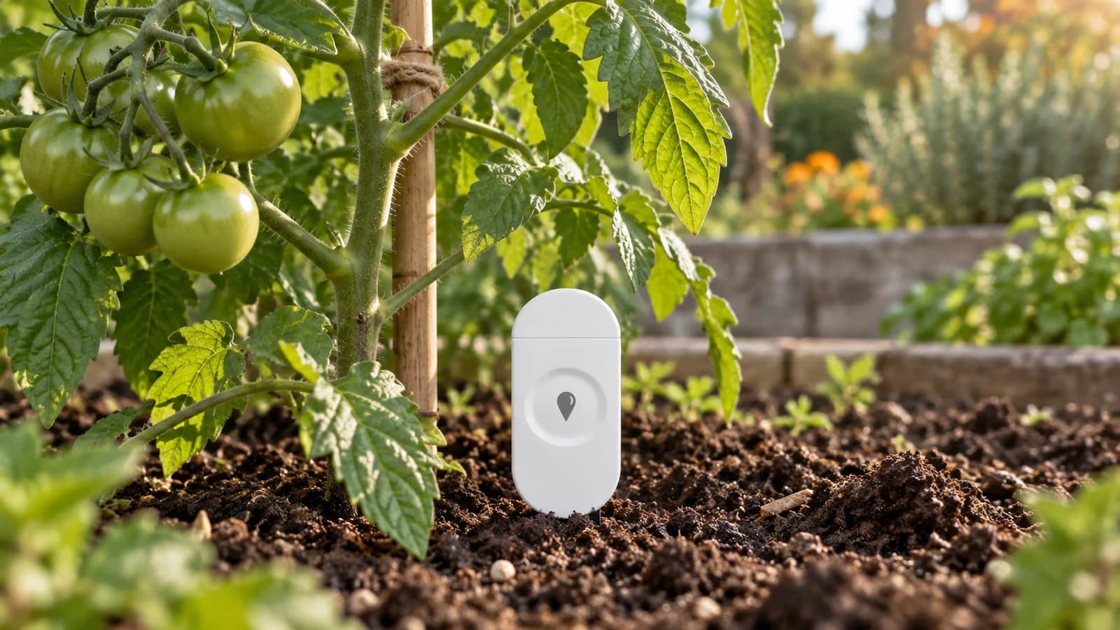 Capteur blanc Zigbee planté dans la terre au pied d'un plant de tomate, potager éclairé par une lumière douce du matin